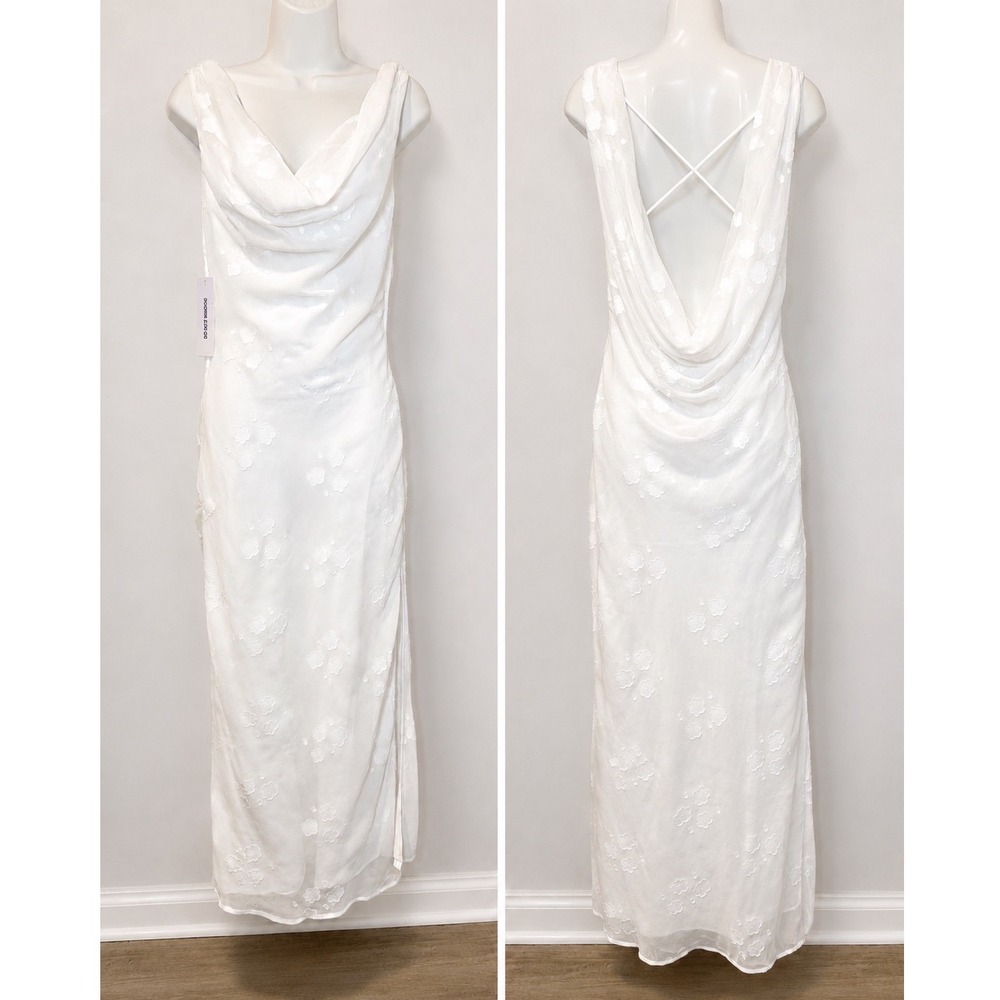 Princess Polly Maxi Dress White Floral Burnout Cowl Neck Open Back Slits S NWT